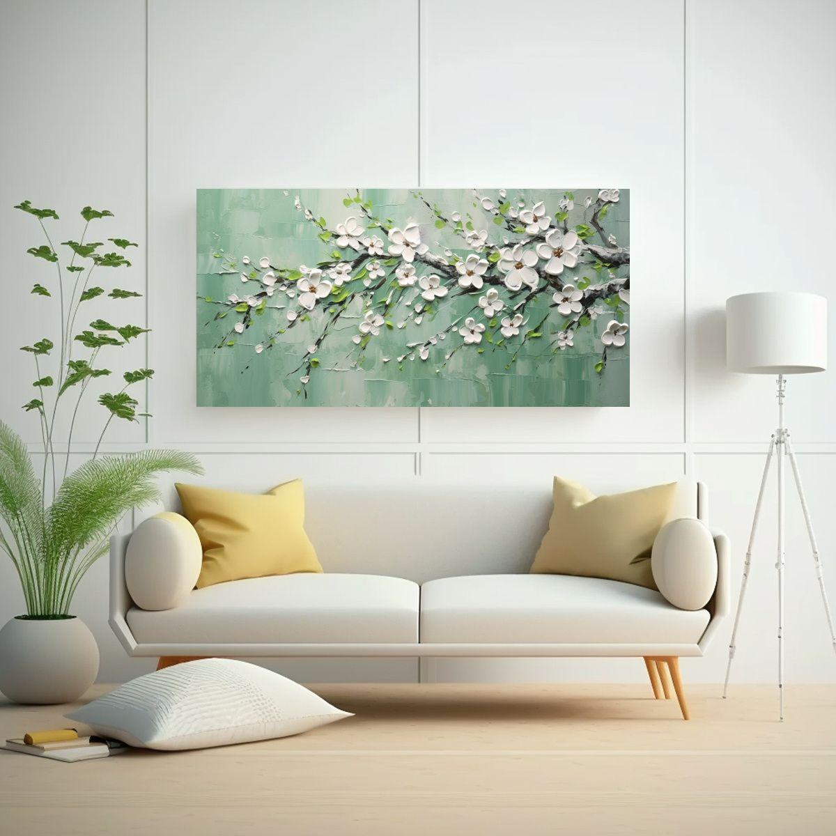 Pintura En Lienzo De Flores De Cerezo Verde: 60x30cm-2