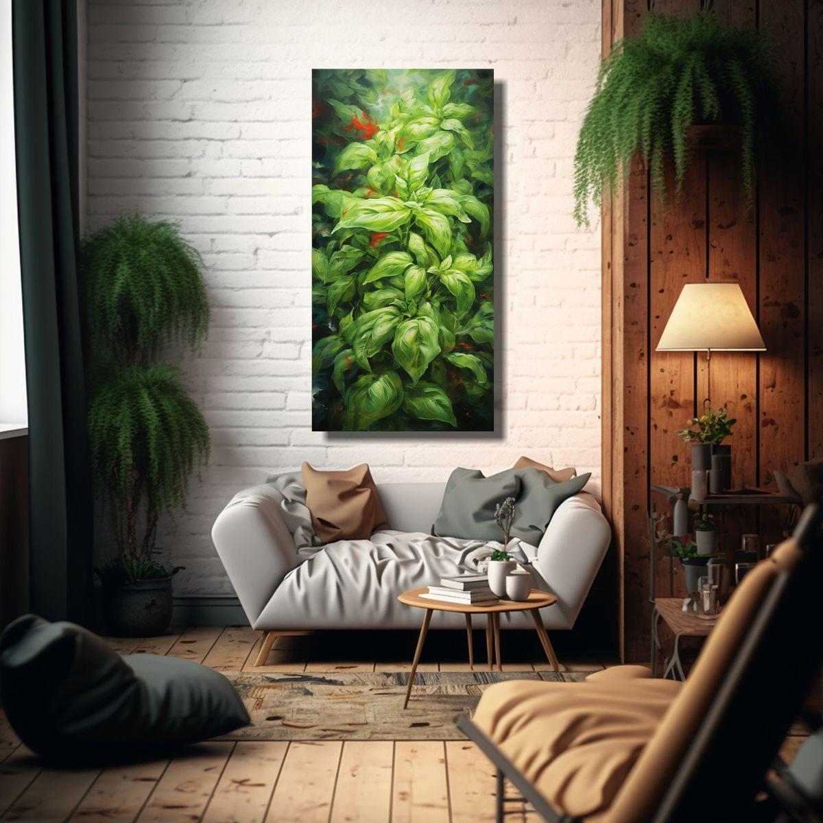 Cuadro Abstracto De Hierbas De Albahaca Pintura 40x80cm-2