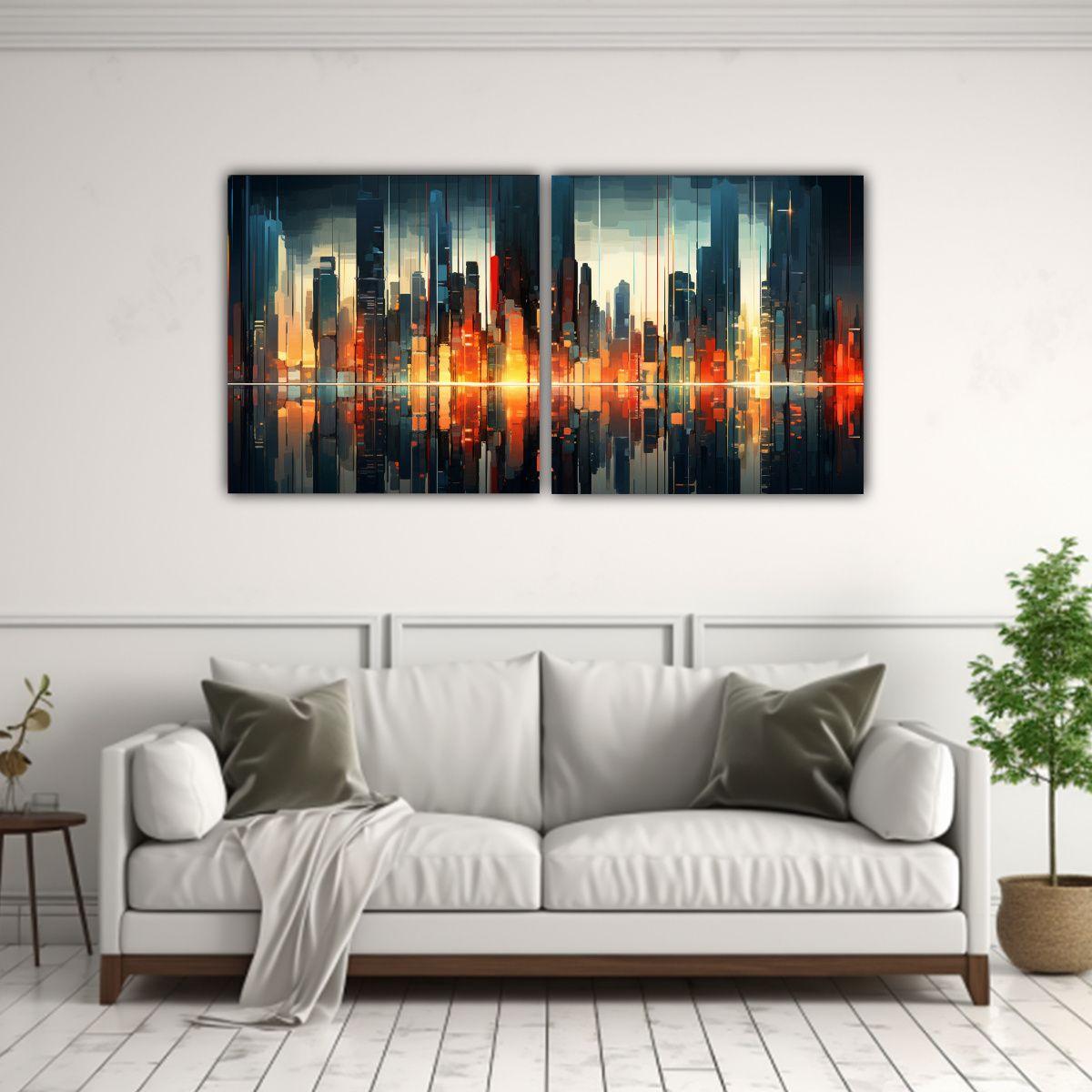 Cuadro Abstracto Multicolor De Ciudad En Lienzo, 60x30 Cm-2
