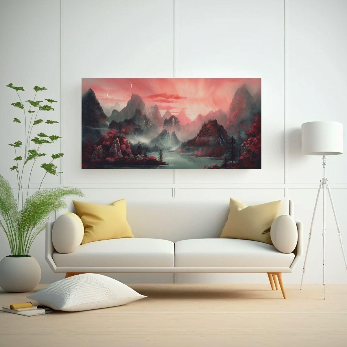Cuadro Tela Montañas Y Cielo Brumoso, Estilo 40x20cm-2
