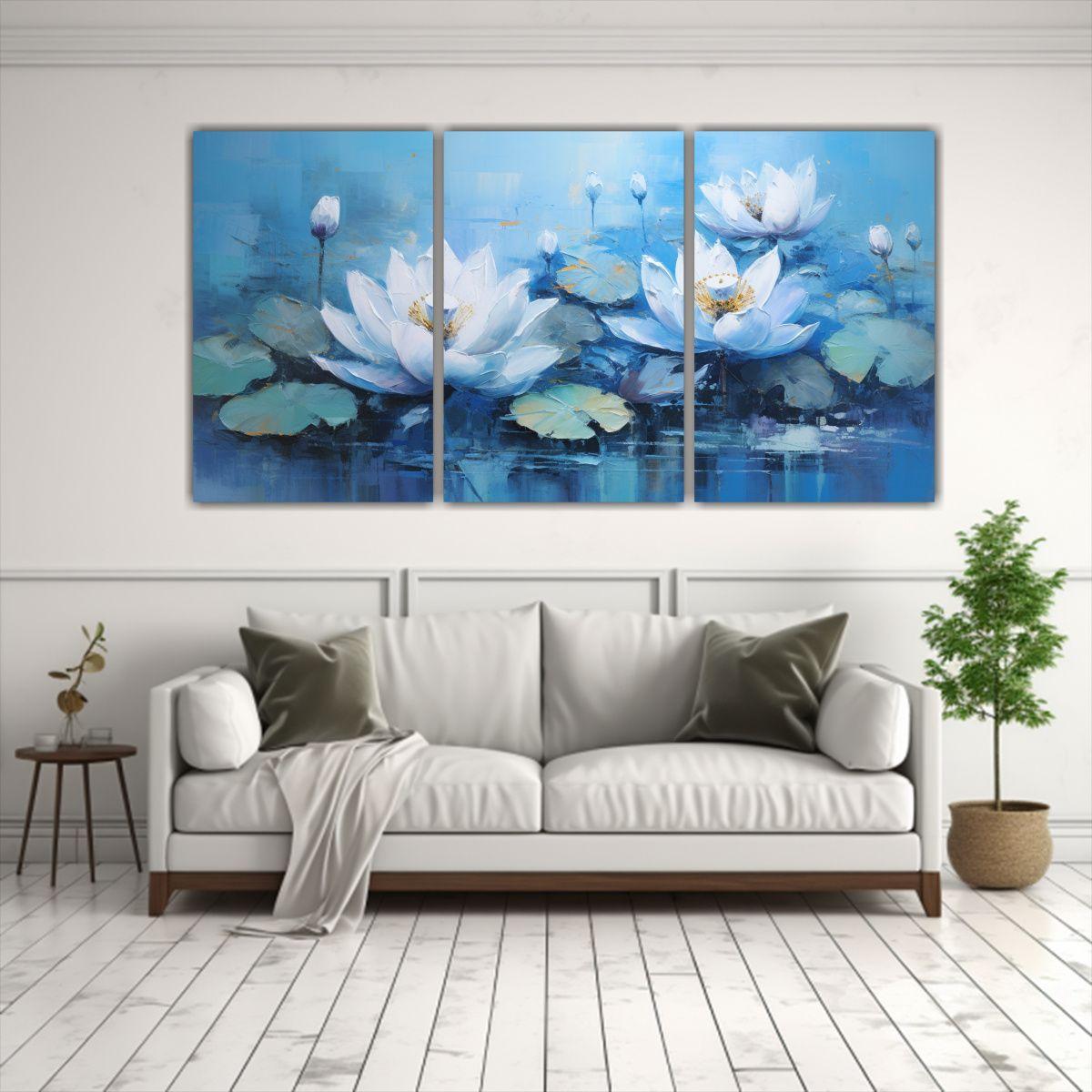 Pintura En Lienzo Azul Loto Estilo Brillante Arte 150x75 Cm-2
