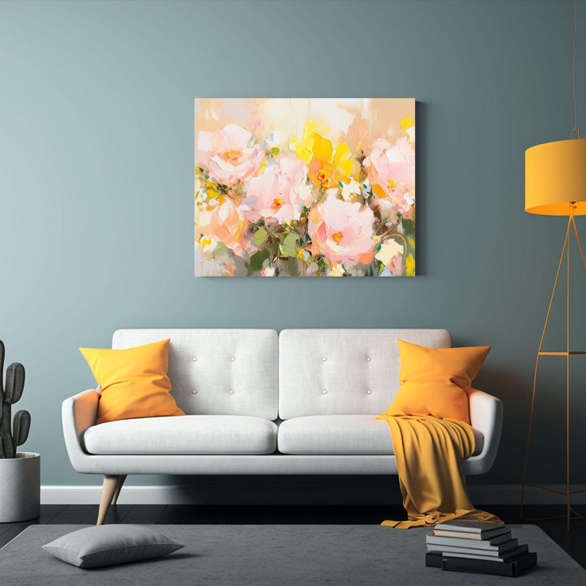 Pintura En Lienzo De Flores Amarillas Y Rosas 90x60cm-2