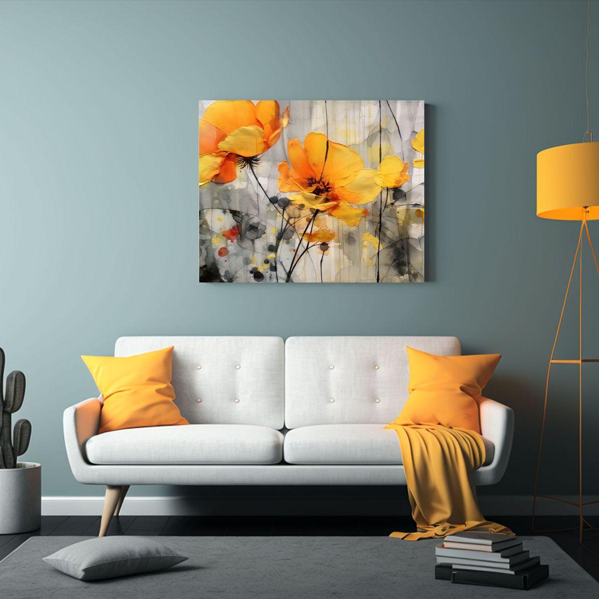 Pintura Conceptual Minimalista Con Flores Amarillas Y Naranj 30x20cm-2
