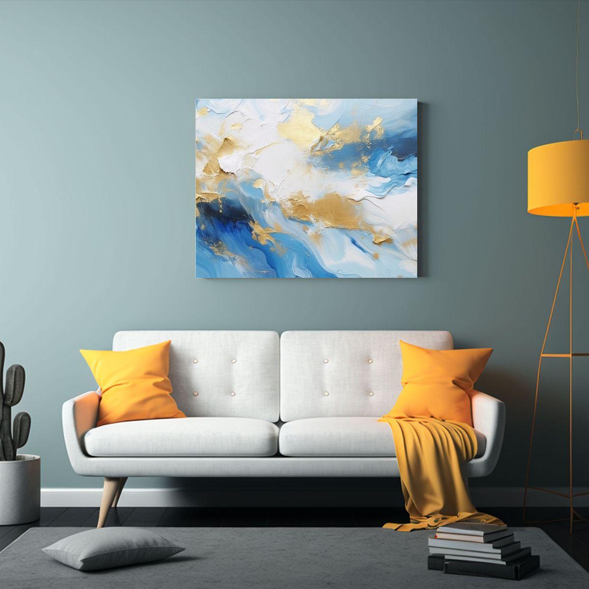 Pintura Abstracta Clásica En Lienzo Azul Y Blanco Con Color 65x50cm-2