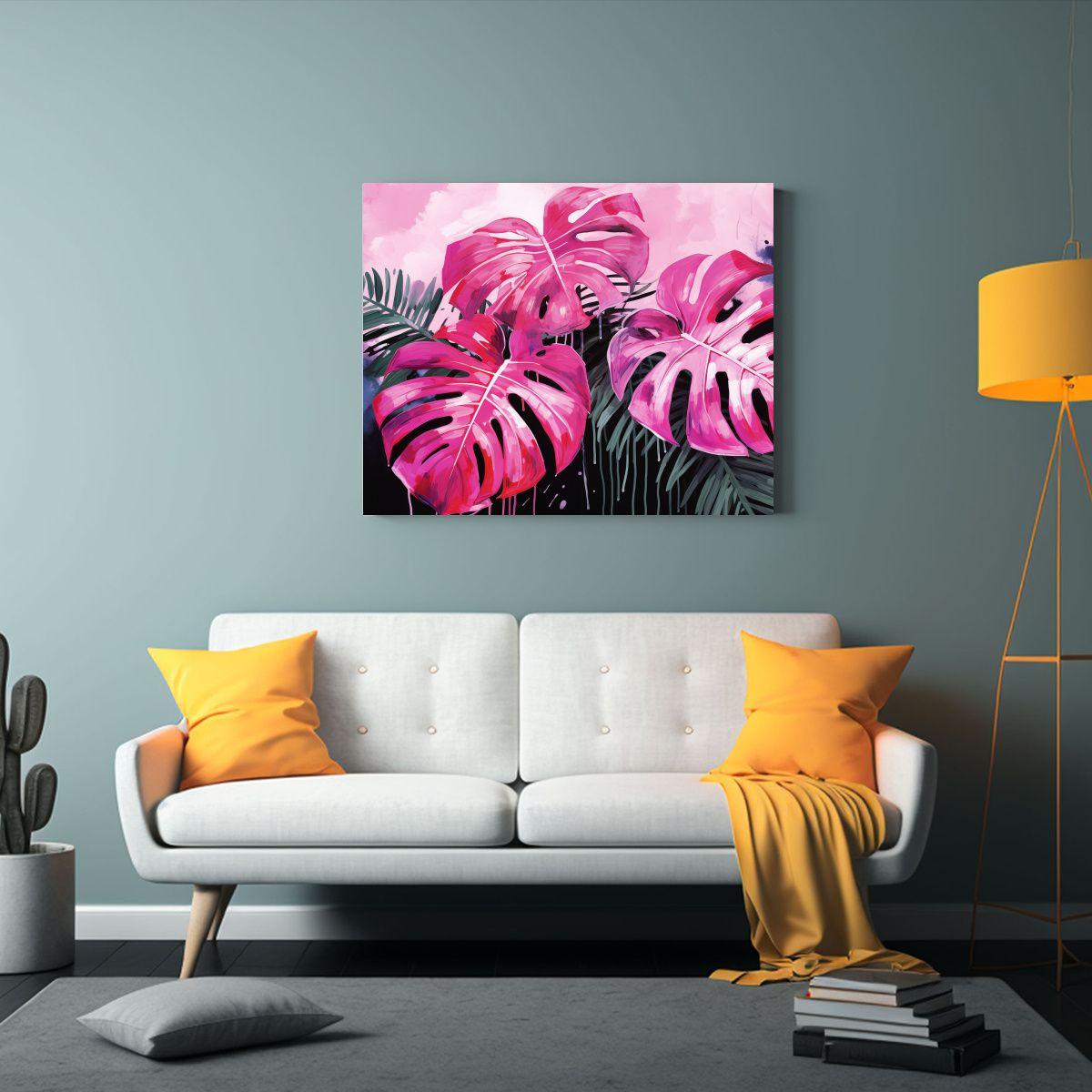 Pinturas Decorativas En Tonos Rosados Con Hojas De Monstera: 45x30cm-2
