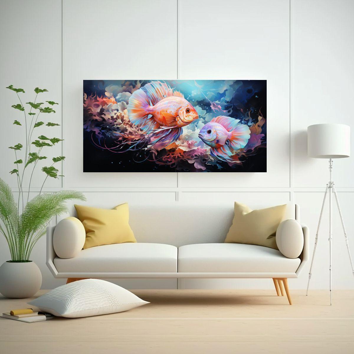 Cuadro Acuarela Discus Fish Decoración Estilo 80x40cm-2