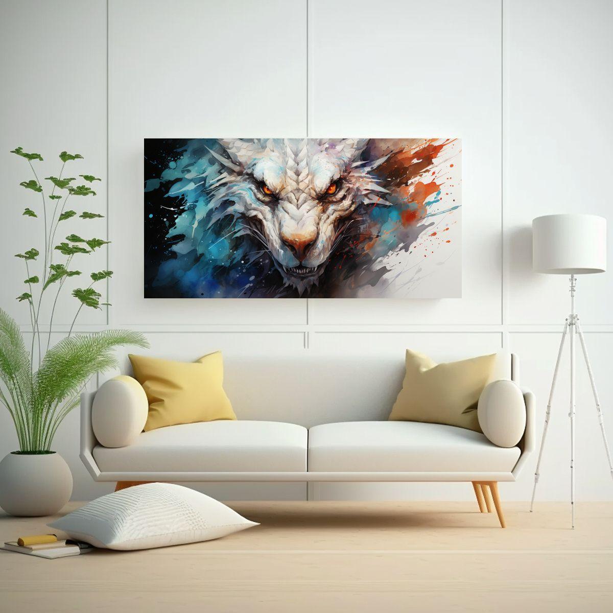 Cuadro De Tela Dragón En Acuarelas Y Blancos, Amb 140x70cm-2