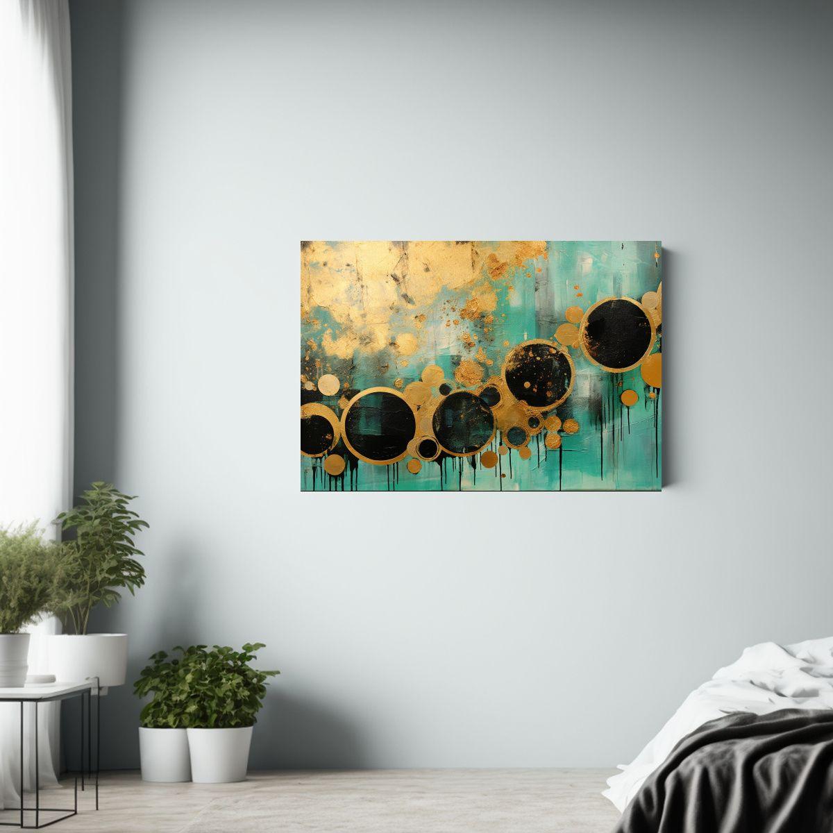 Lienzo Tela Círculos Negros Y Dorados: Concepto Estrellado. 60x40cm-2