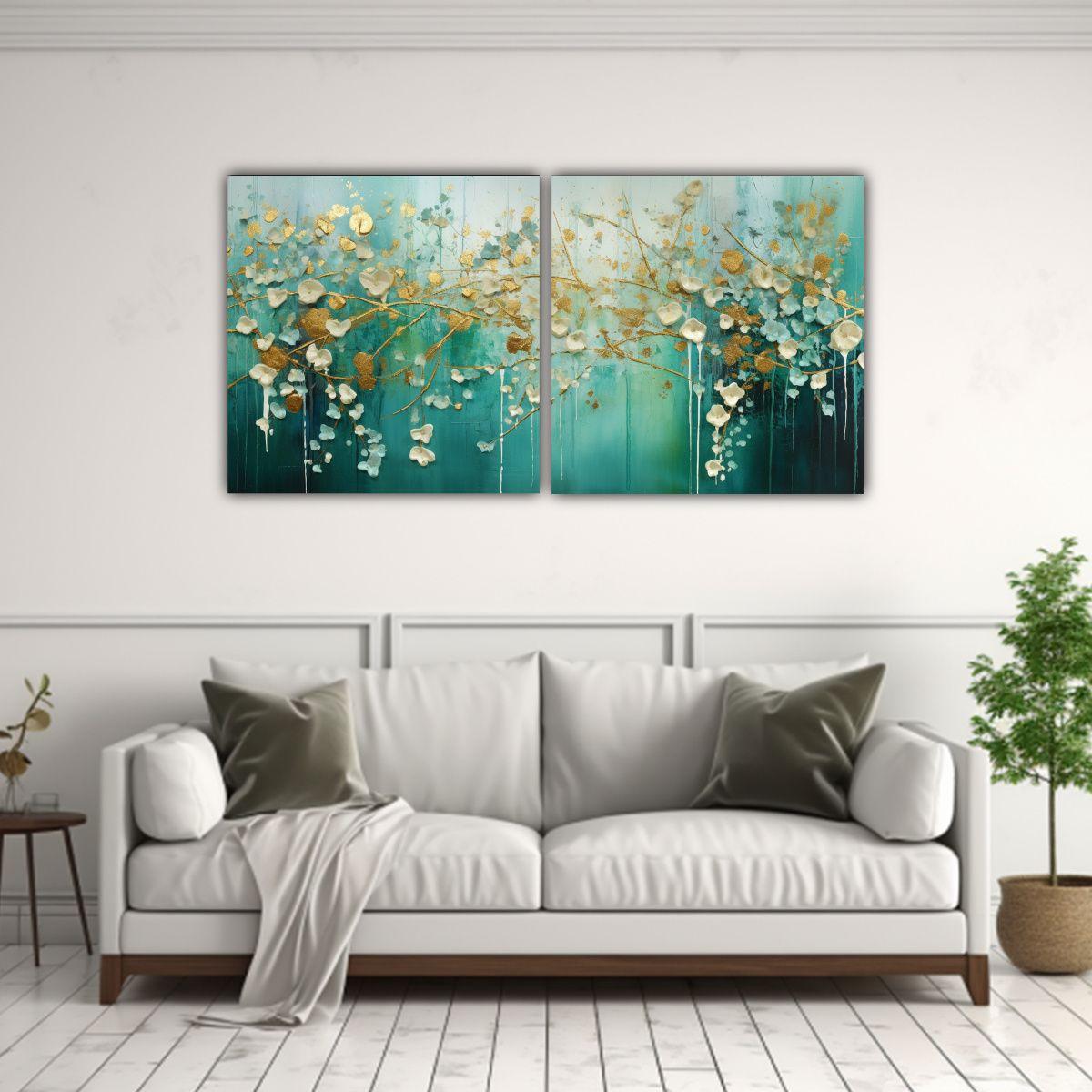 Cuadro Moderno En Tonos Verdes Y Dorados Estilo 80x40 Cm-2