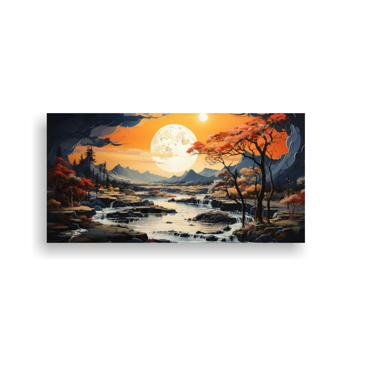 Cuadro Con Luna Y Montañas: Arte Juvenil En Tela 40x20cm-0