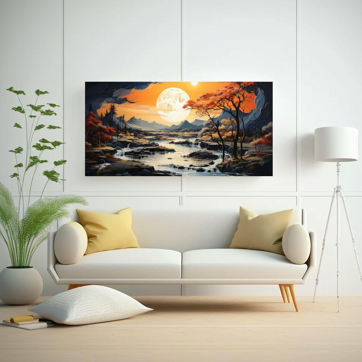 Cuadro Con Luna Y Montañas: Arte Juvenil En Tela 40x20cm-2