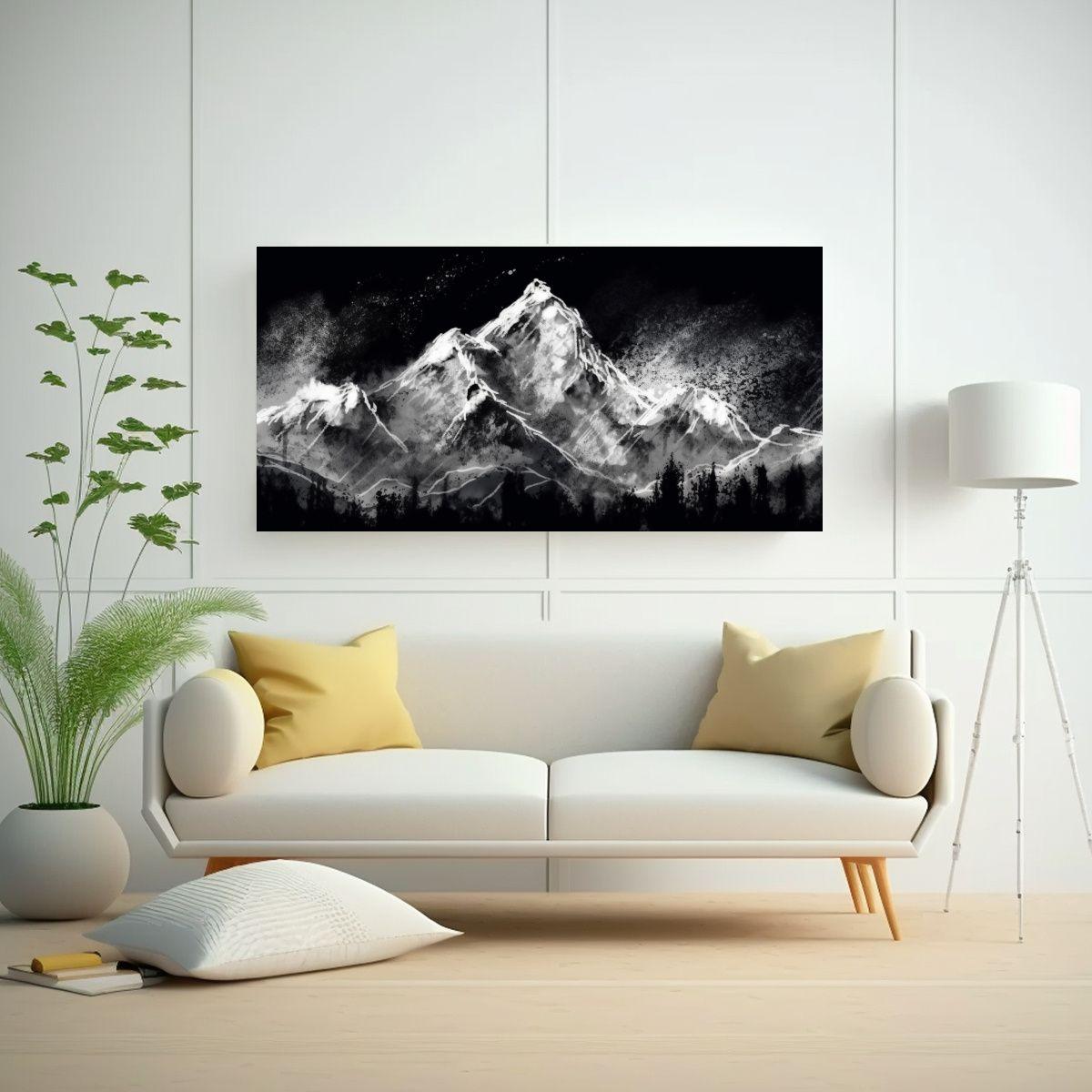 Cuadro Floral Negro Pintura Tinta Montaña Nieve 140x70cm-2