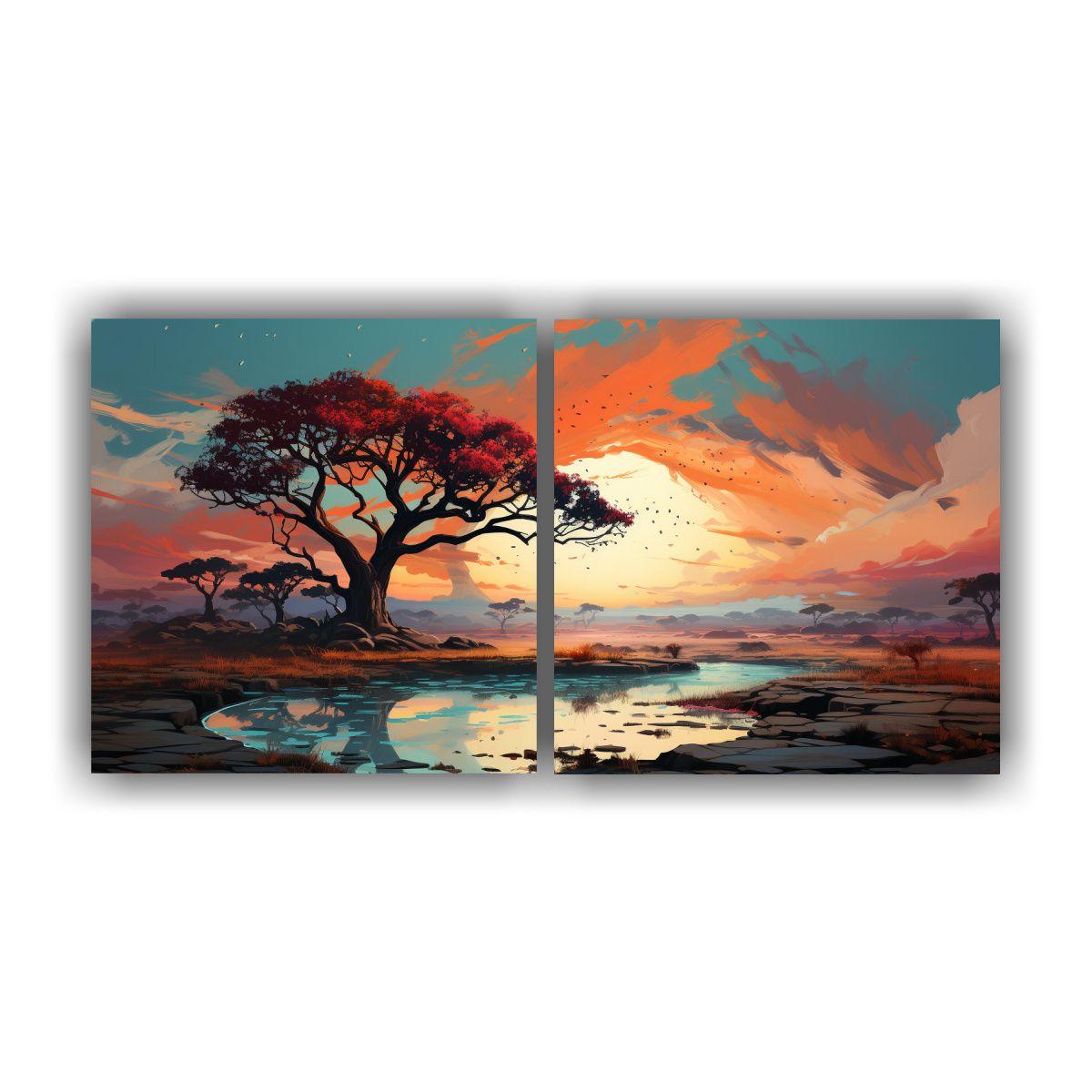 Paisaje Abstracto Con árbol Rojo Y Turquesa En 140x70 Cm-0