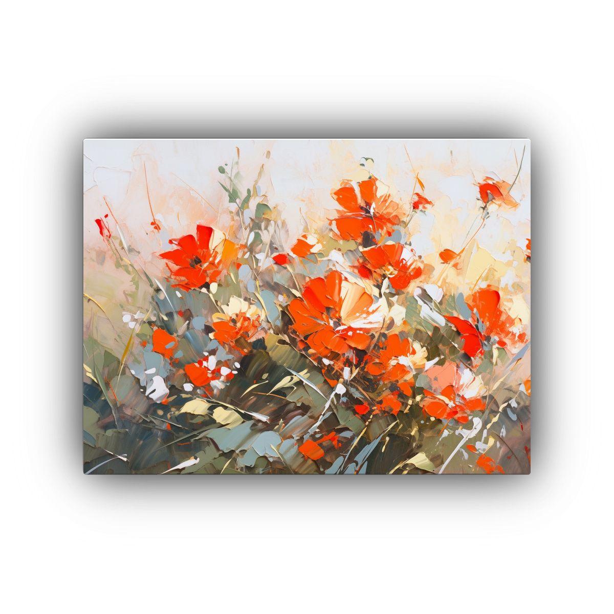 Pintura De Flores En Lienzo En Colores Rojo Y Naranja: Gama  120x80cm-0