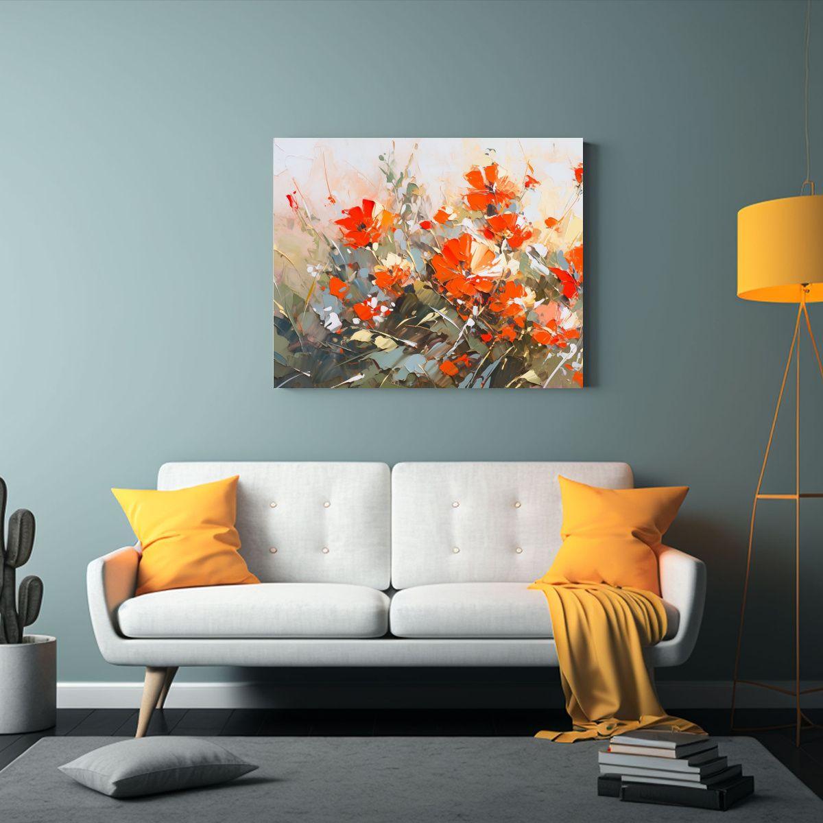 Pintura De Flores En Lienzo En Colores Rojo Y Naranja: Gama  120x80cm-2