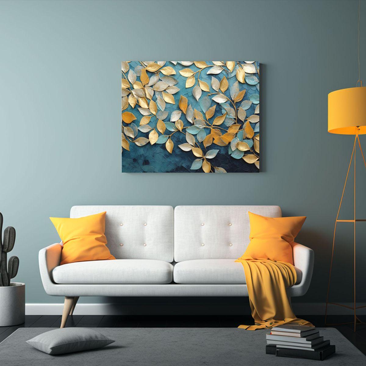 Cuadro Moderno De Hojas Doradas Azul Gris Y Dorado Para Deco 65x50cm-2