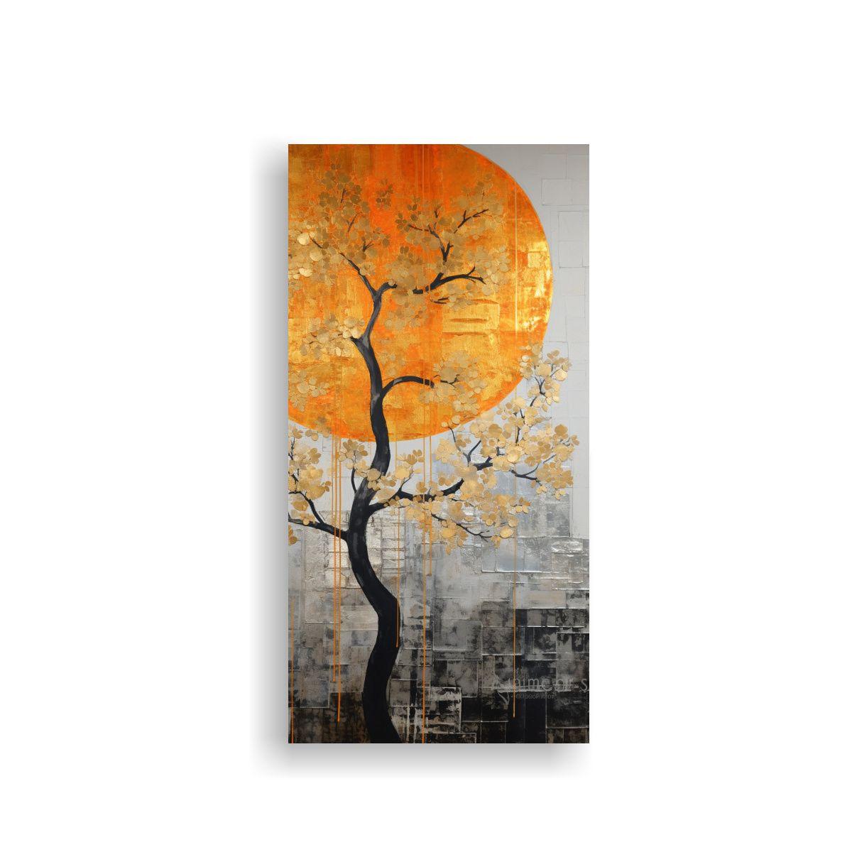 Pintura Decorativa De árbol En Naranja Y Plata 20x40cm-0