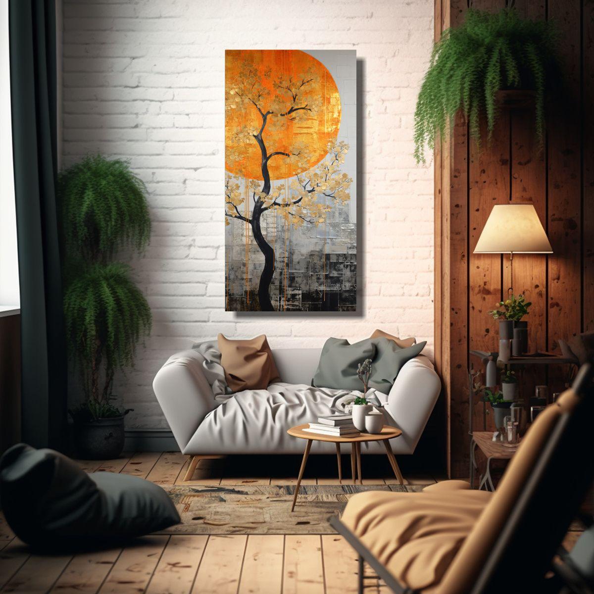 Pintura Decorativa De árbol En Naranja Y Plata 20x40cm-2