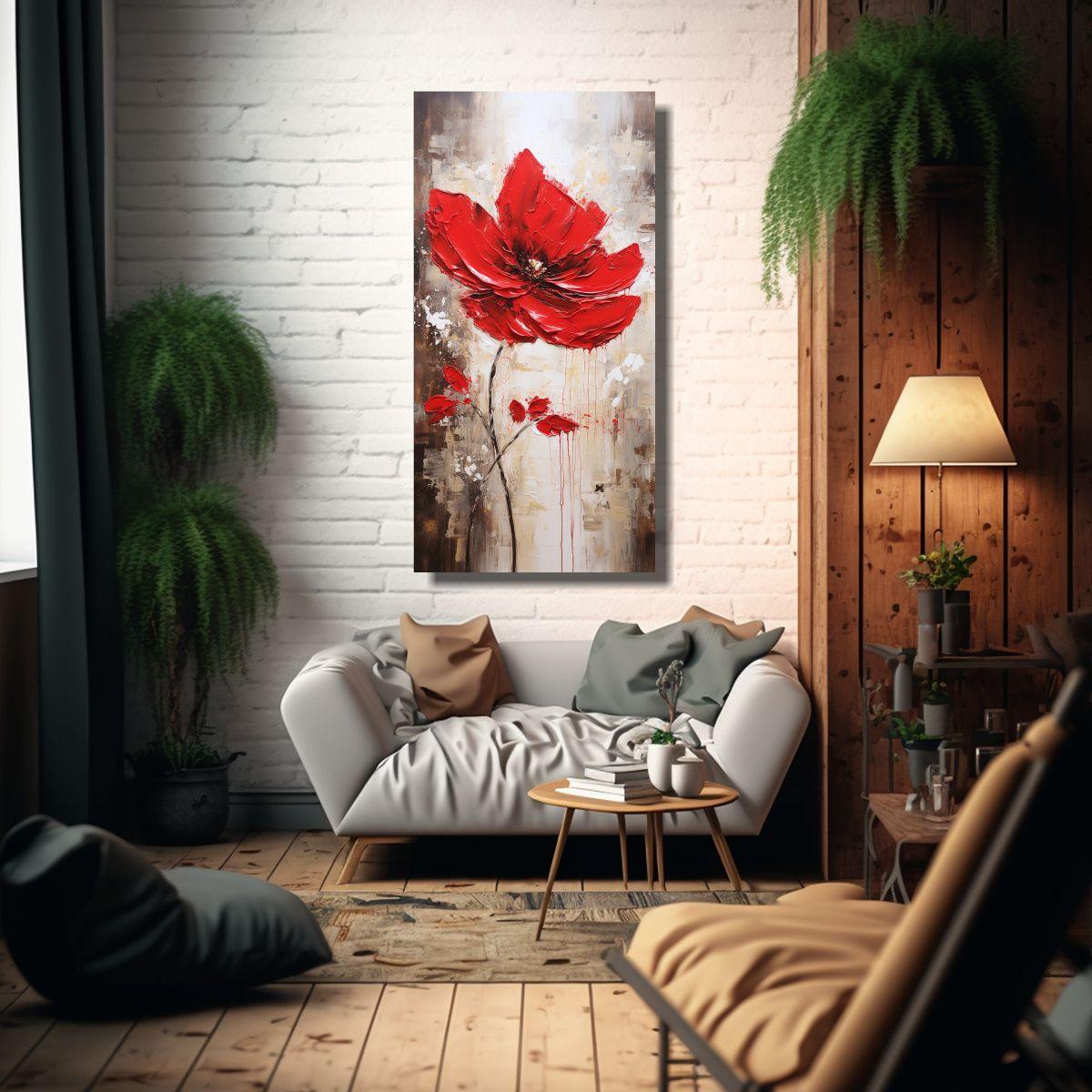 Cuadro De Flores Rojas En Lienzo En El Estilo De 30x60cm-2