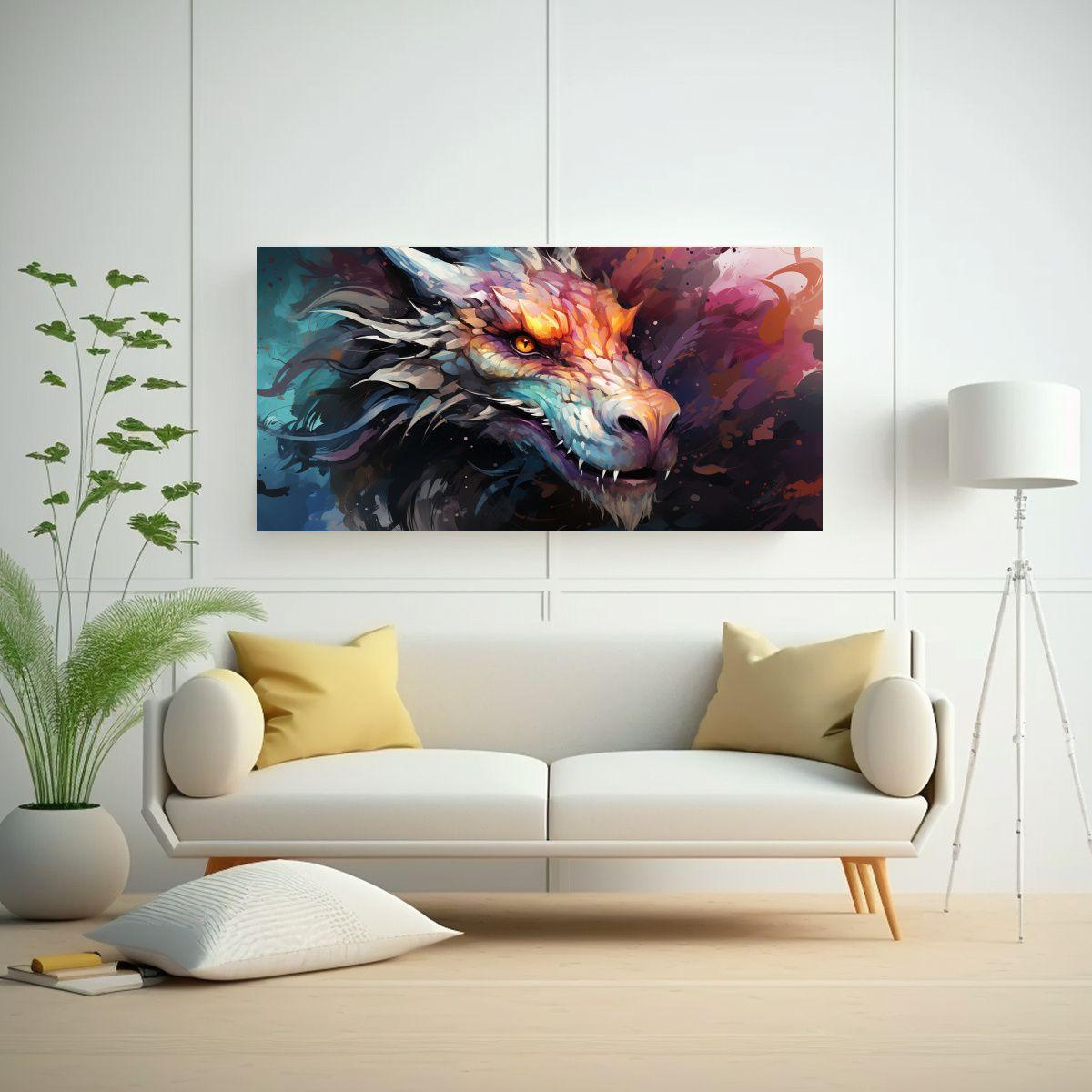 Cuadro Decorativo: Dragón En Colores Arcoíris Y  80x40cm-2