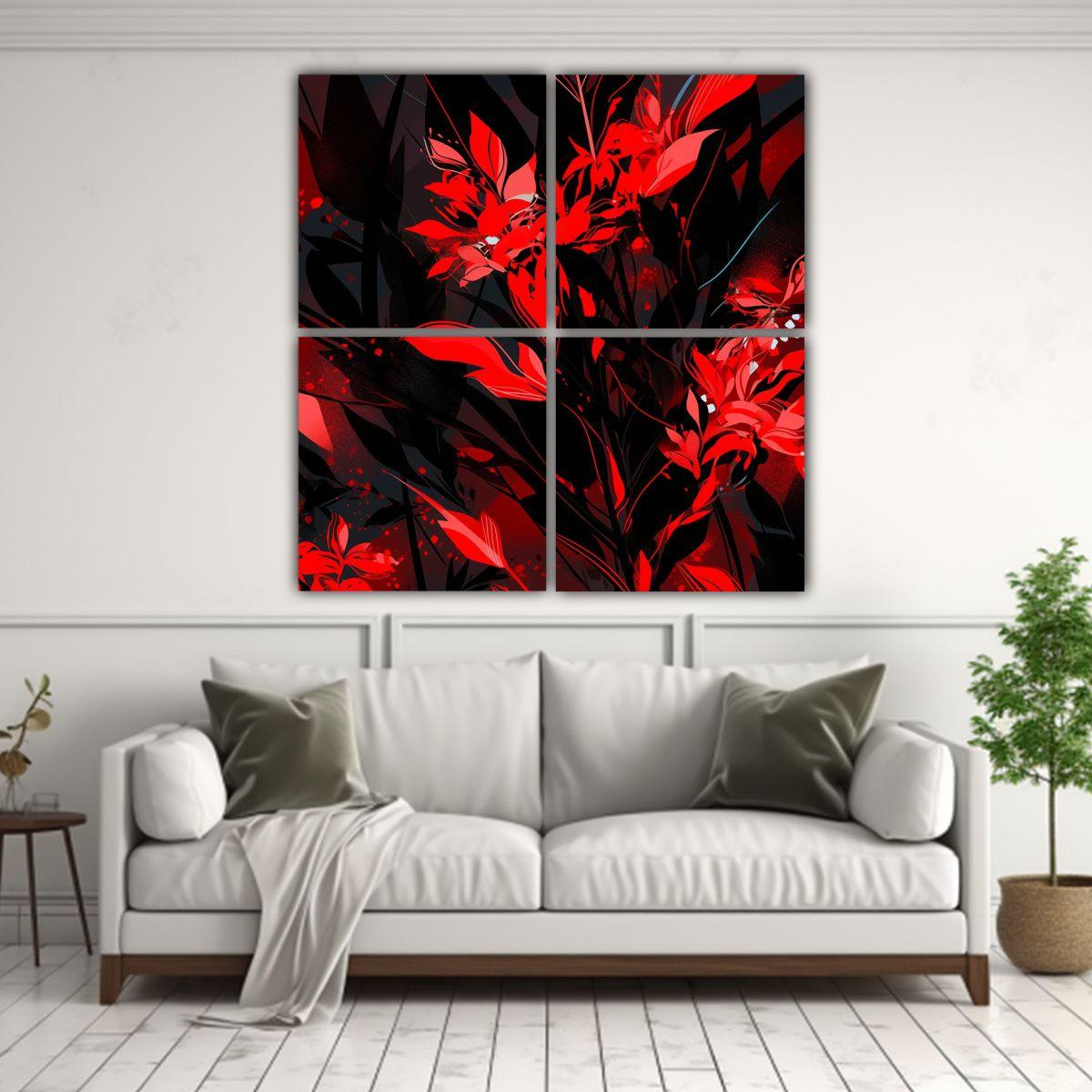 Cuatro Lienzos Composición Relieve Rojo Y Negro 100x100 Cm-2