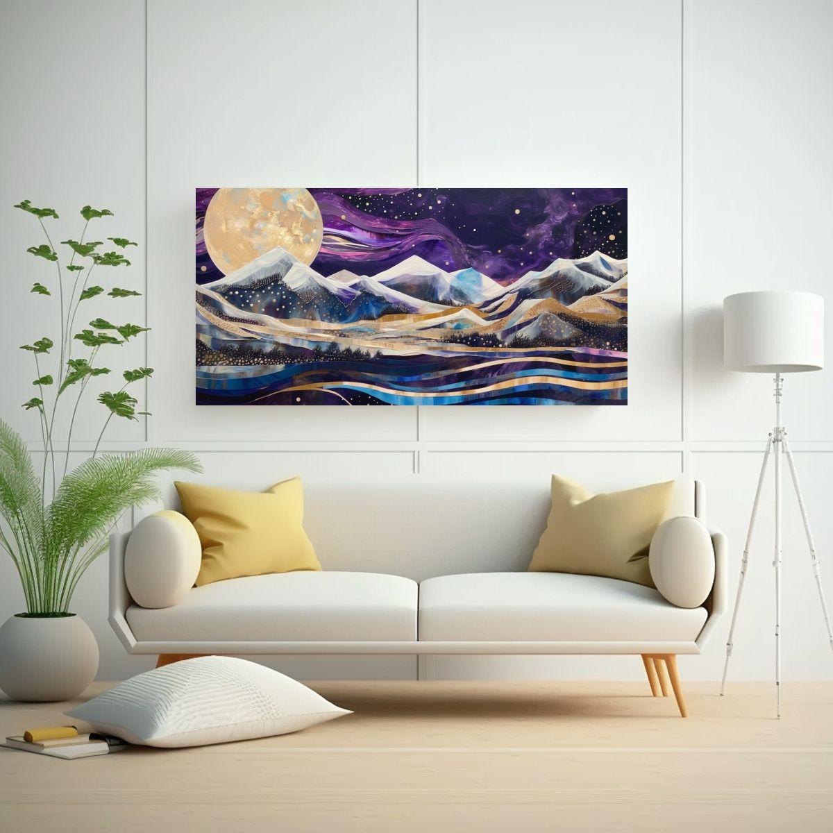 Pintura Paisaje Nocturno Con Luna Y Montañas: 40x20cm-2