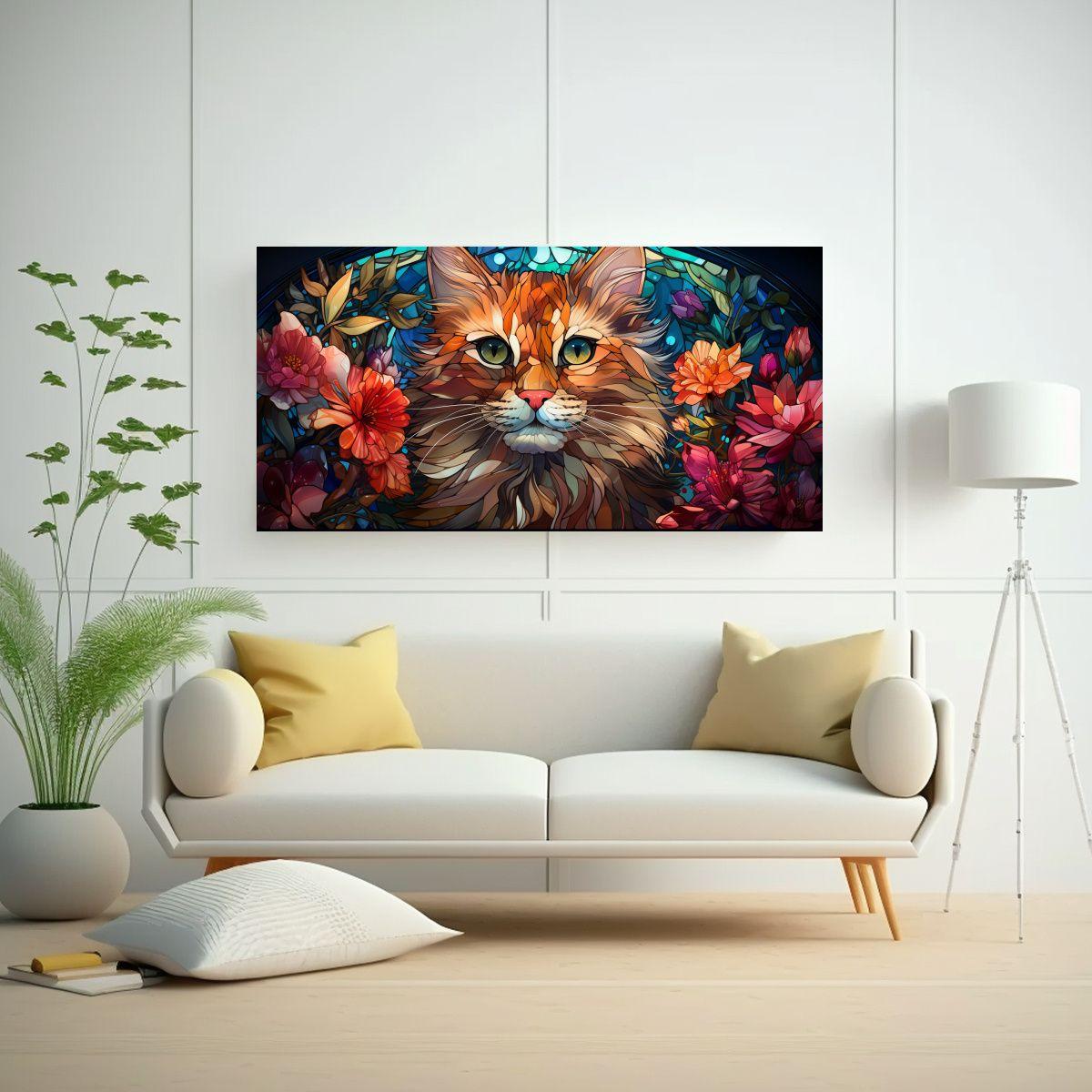 Ventana De Cristal Manchado Digital Con Gato 160x80cm-2