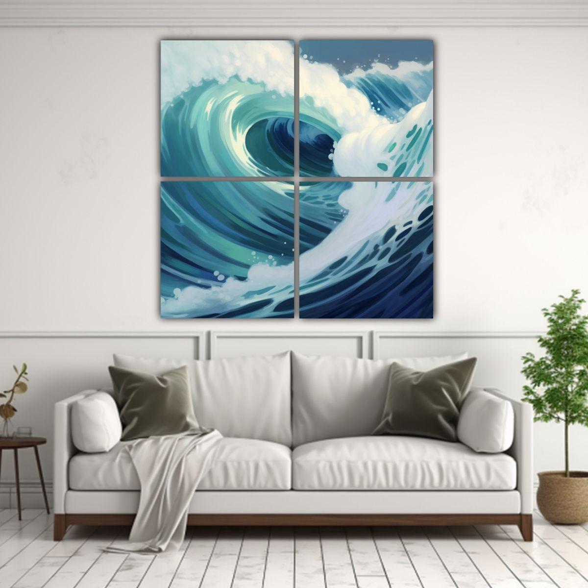 Cuatro Lienzos Arte Mural De Ondas Del Mar De 100x100 Cm-2