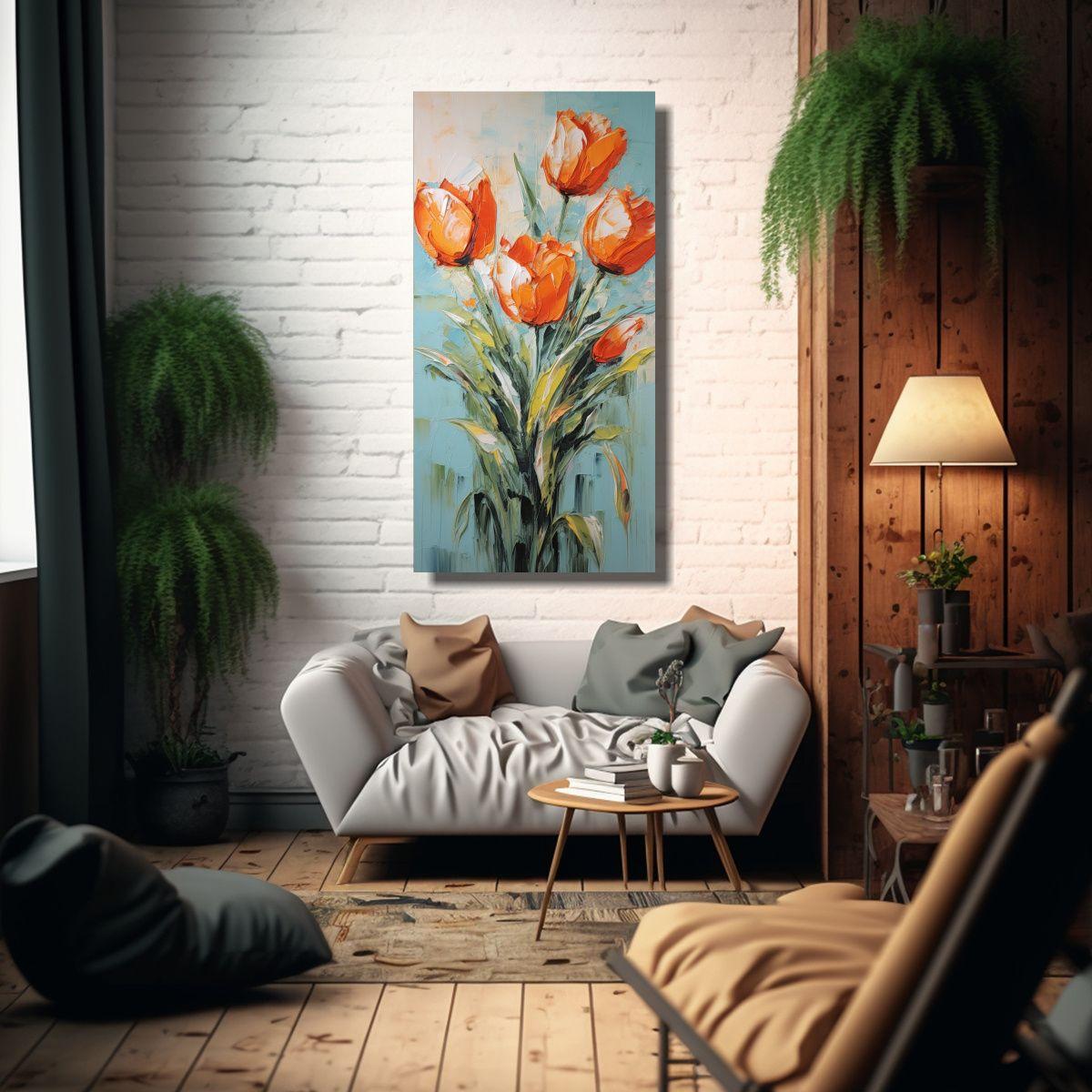 Pintura En Lienzo De Tulipanes Naranjas En Estilo 40x80cm-2