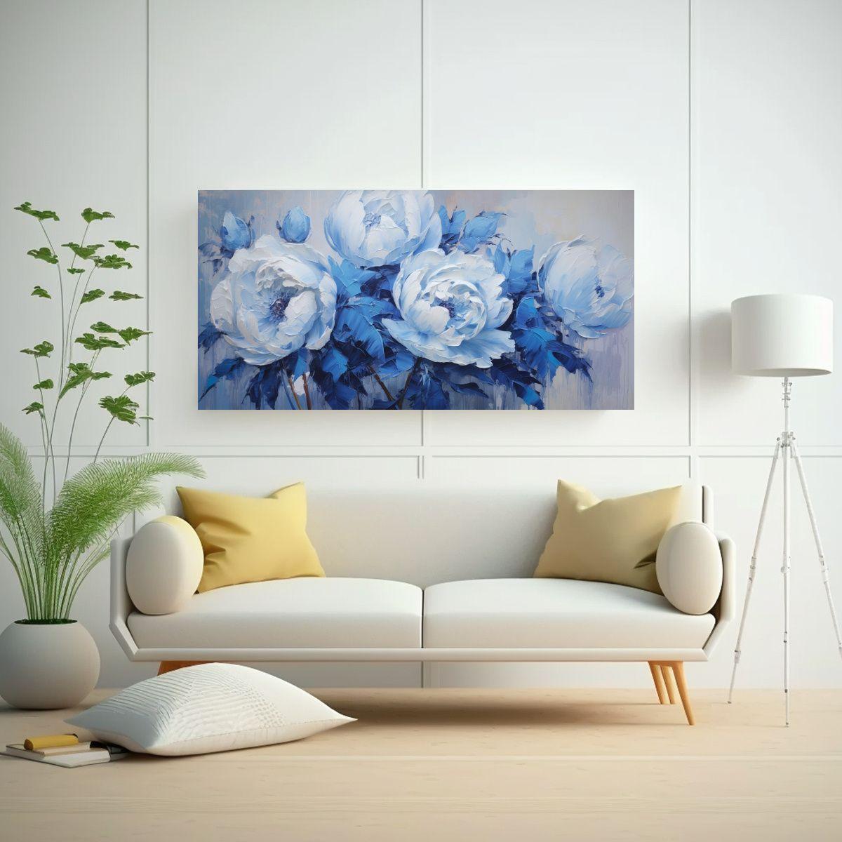 Pintura En Lienzo De PEONIAS Azules Estilo Tela 80x40cm-2
