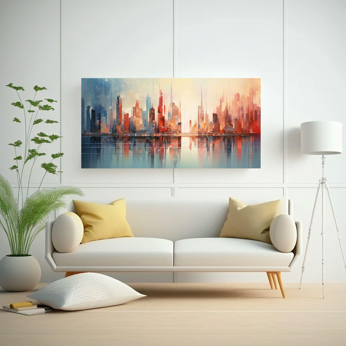 Pintura Acuarela Abstracta De Ciudad Con Estilo 140x70cm-2