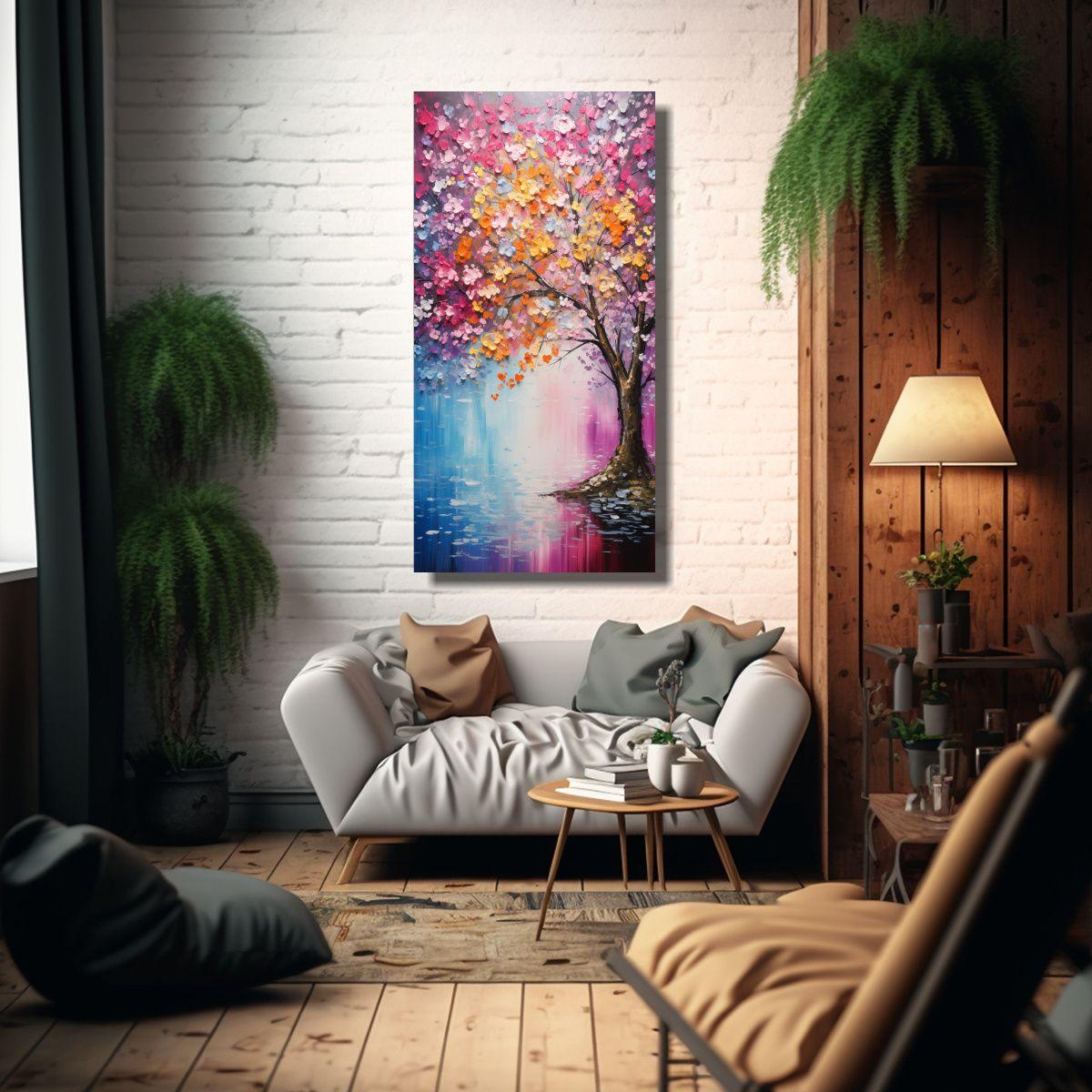 Pintura Acuarela Lineales Cerezos En Colores 30x60cm-2