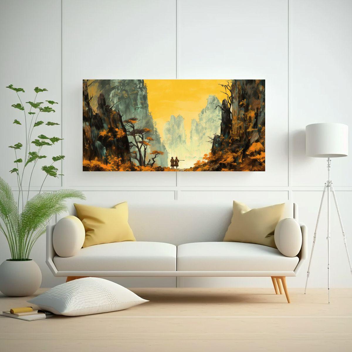 Pintura Amarilla En Lienzo Con Montaña Amarilla: 60x30cm-2