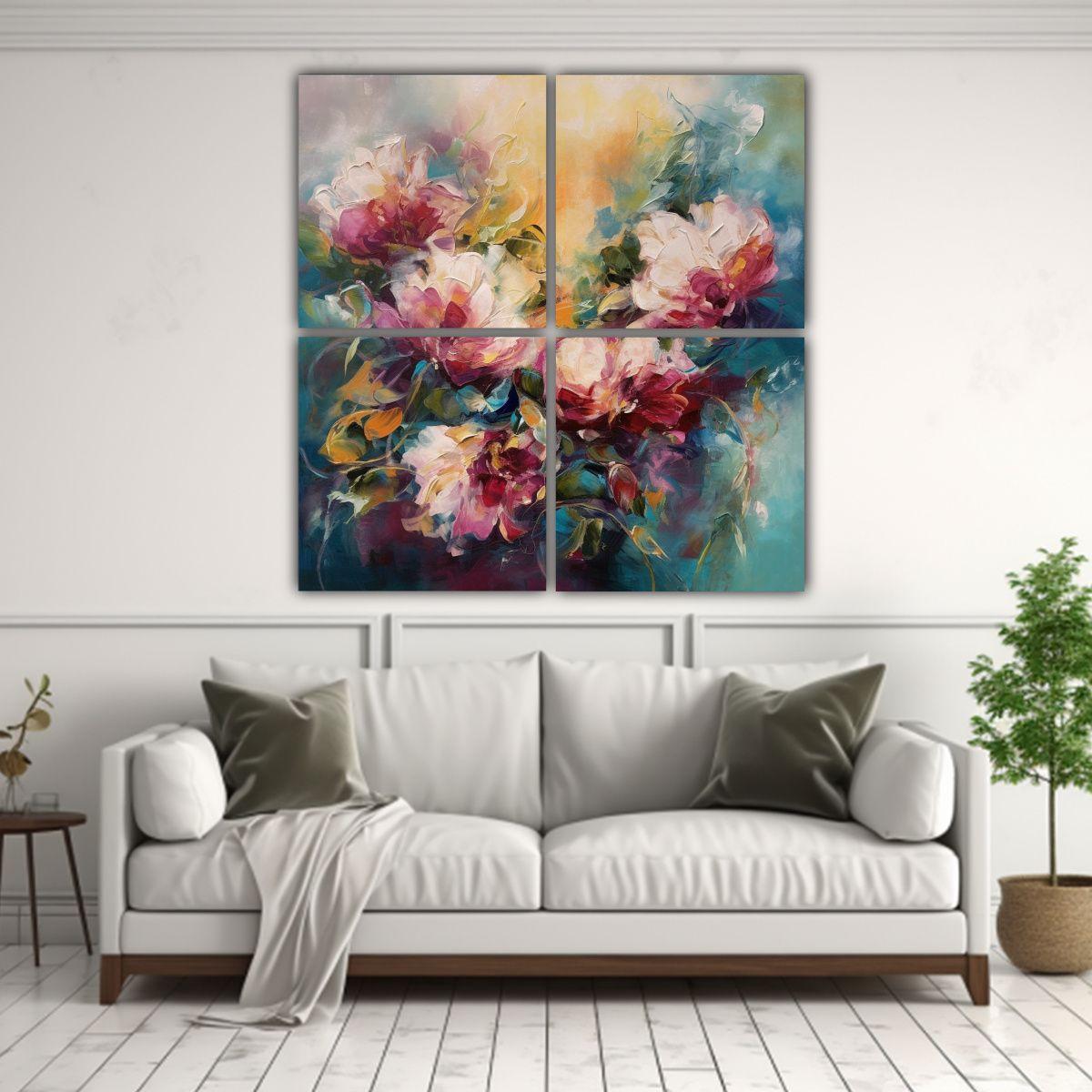 Cuadro Con Flores Abstractas En Bastidor, Pintura 180x180 Cm-2