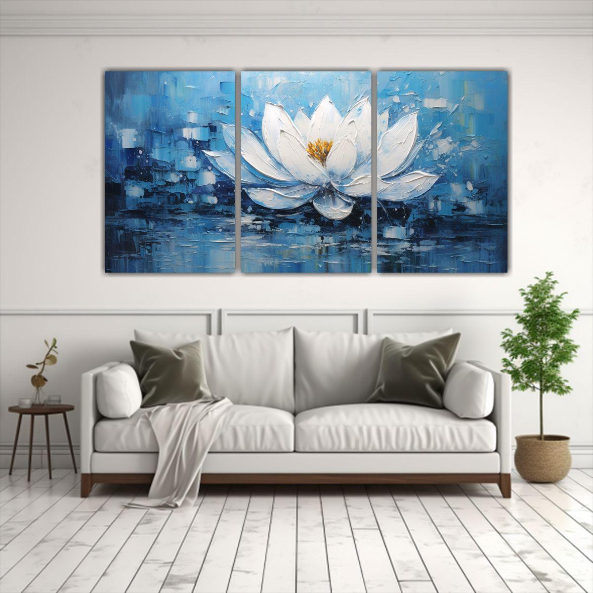 Pintura En Lienzo Estilo Loto Azul Composición 90x45 Cm-2