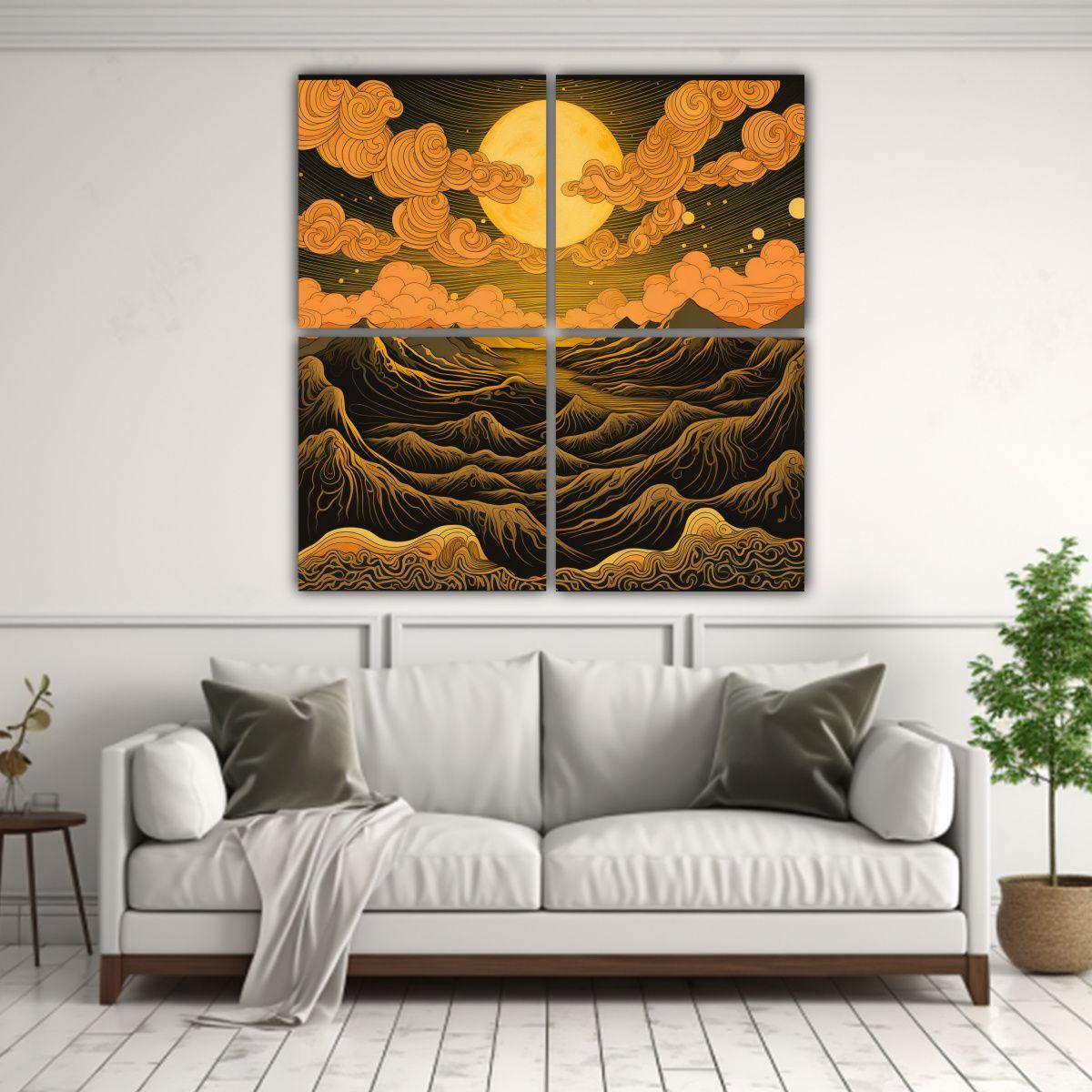 Pintura Acuarela De Montañas Y Sol En Cuatro 60x60 Cm-2