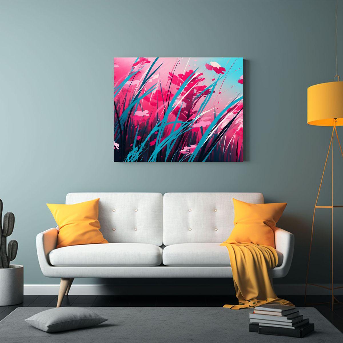 Pintura Acuarela De Esquema De Reed Grass En Turquesa Y Rosa 75x50cm-2