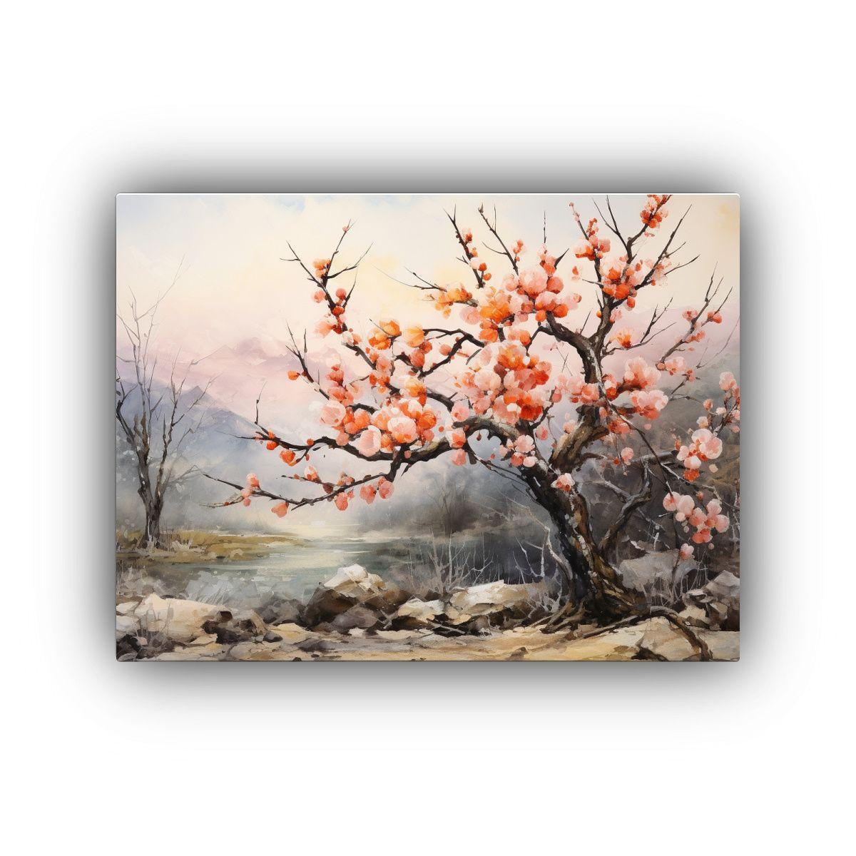 Cuadro Abstracto Líneas Finas Árbol Durazno Dorado Negro 40x30cm-0