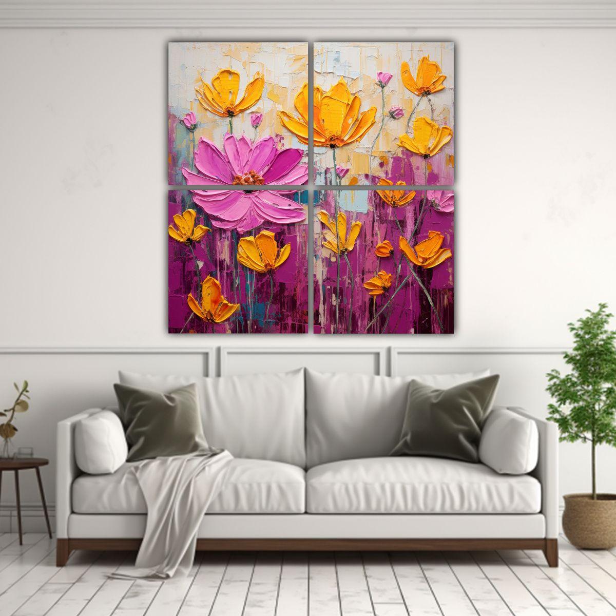 Cuatro Telas En Bastidor Diseño Adorable Flores 160x160 Cm-2