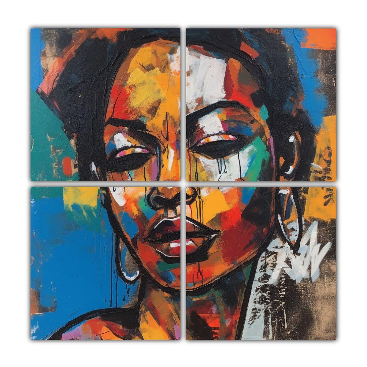 Pintura 4 Lienzos Diseño Urbano De Mujer Negra 40x40 Cm-0