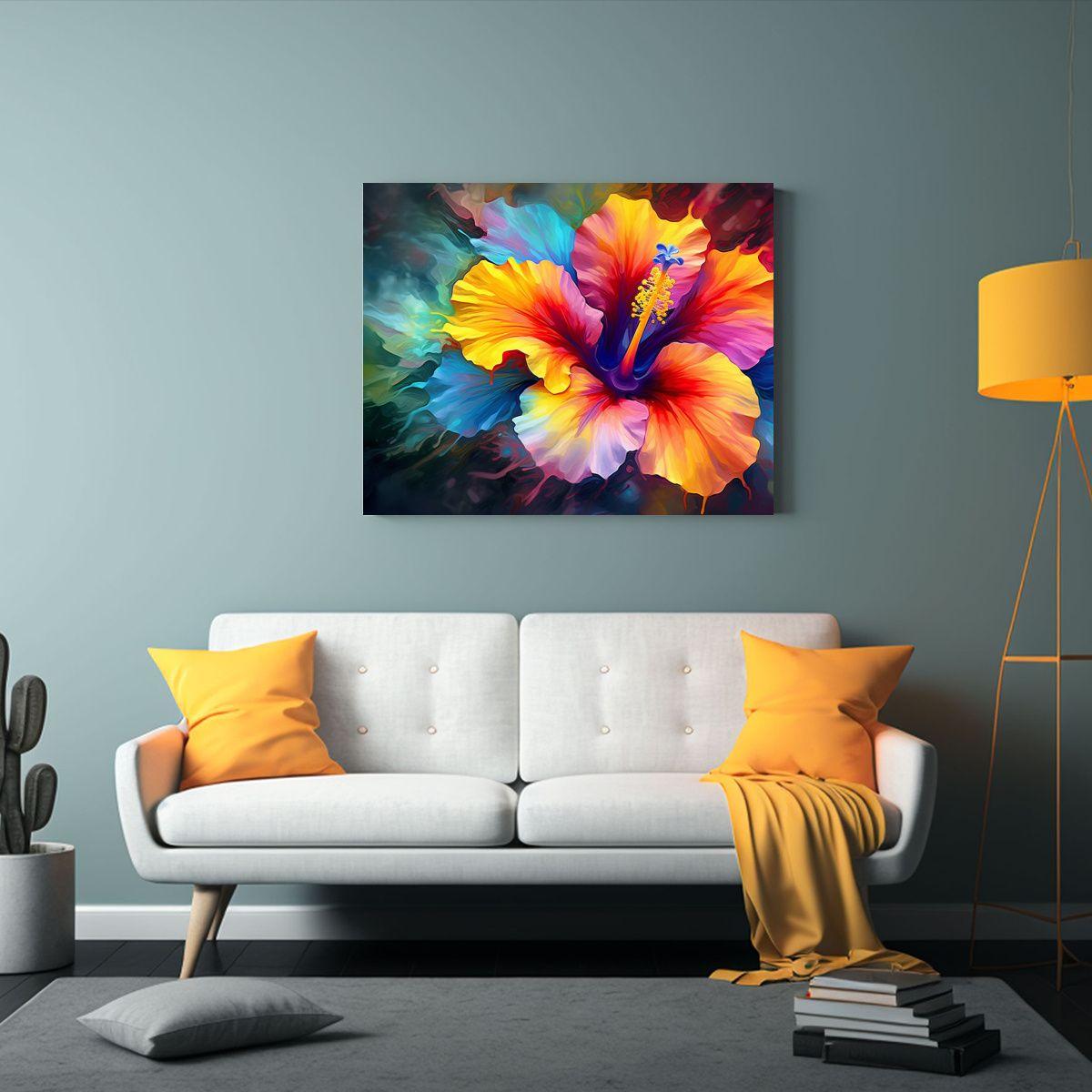 Pintura Acuarela Hibisco Digital Vibrante Con Rayas 65x50cm-2