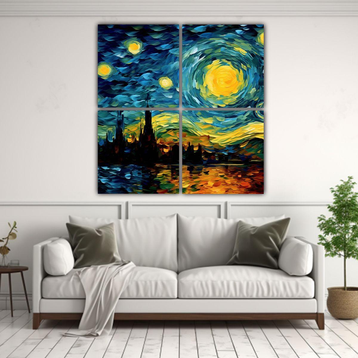 4 Cuadros Cálidos Alegre Noche Estrellada Van 120x120 Cm-2