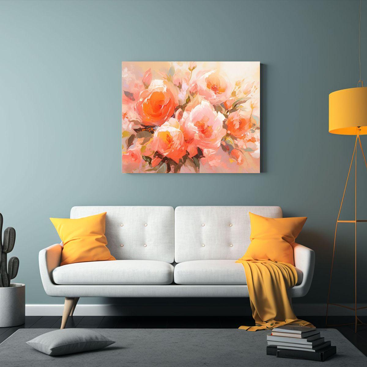 Pintura De Flores En Lienzo En Colores Naranja Y Rosa Para D 60x40cm-2