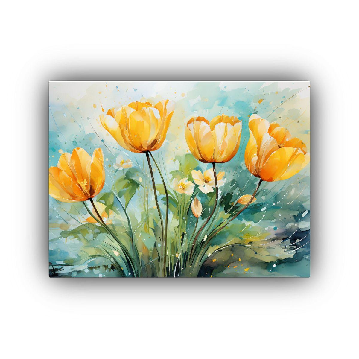Pintura Abstracta De Tulipanes Amarillos Y Verdes: Modernida 75x50cm-0