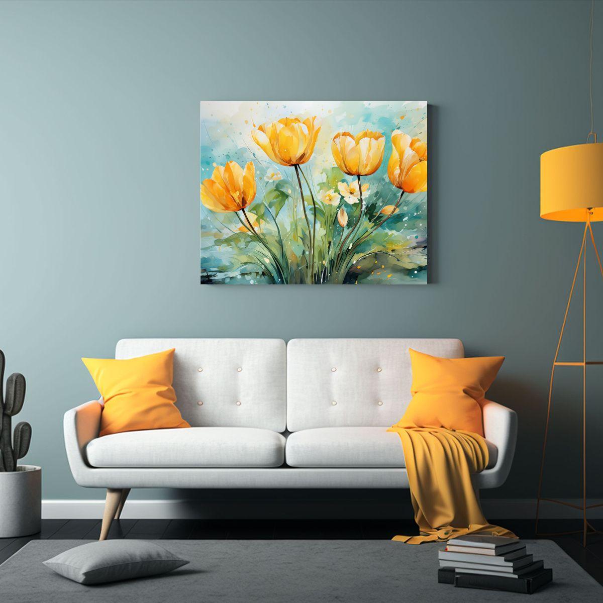 Pintura Abstracta De Tulipanes Amarillos Y Verdes: Modernida 75x50cm-2