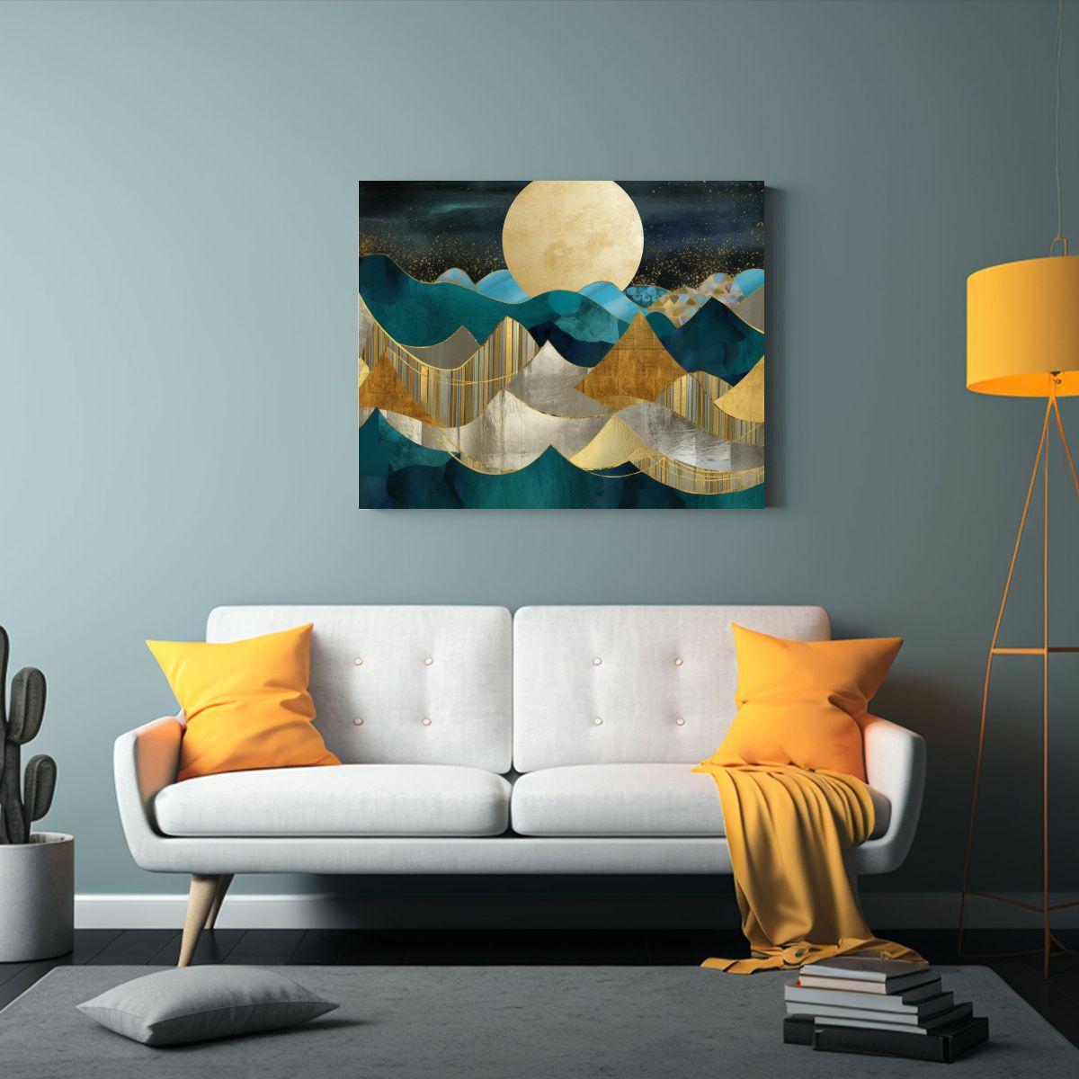 Cuadro Abstracto De Montañas Y Luna En Lienzo: 120x80cm-2