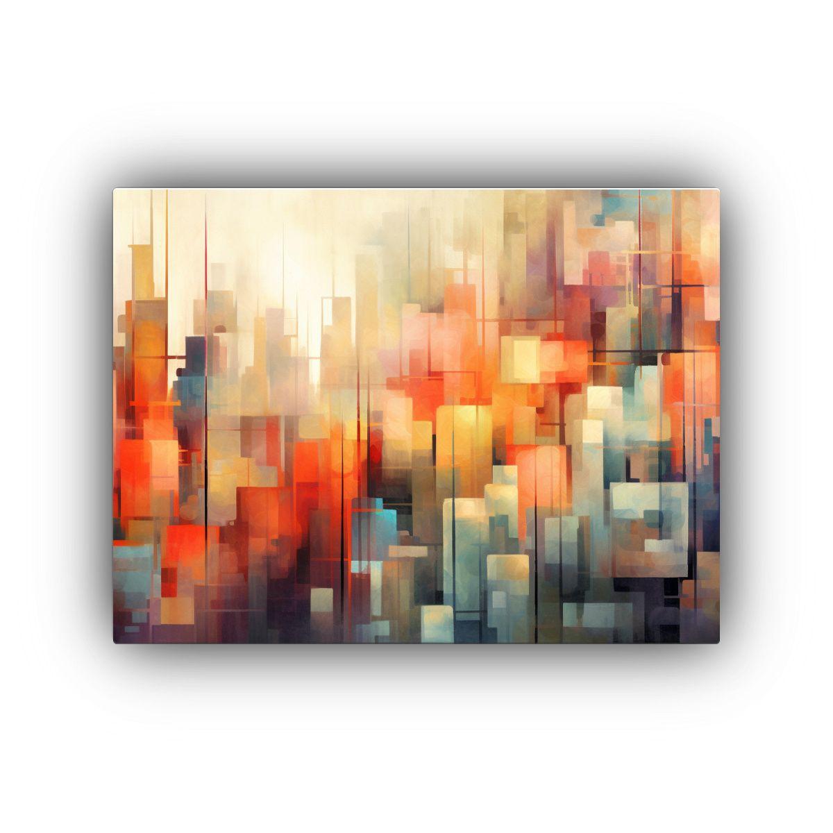 Pintura Abstracta De Ciudad En Tonos Naranja Y Color Moderno 30x20cm-0