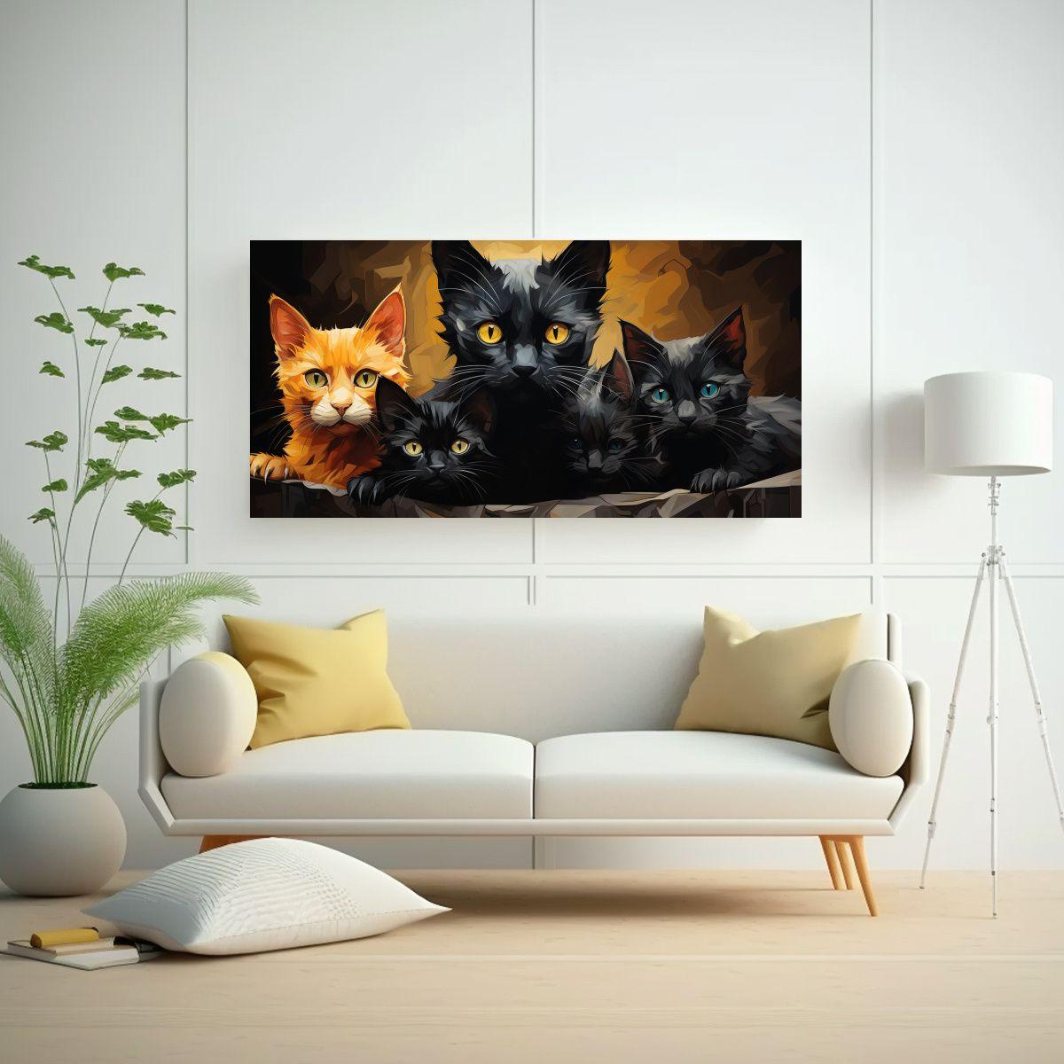 Cuadro Decorativo De Gatos Negros En Una Pila 100x50cm-2