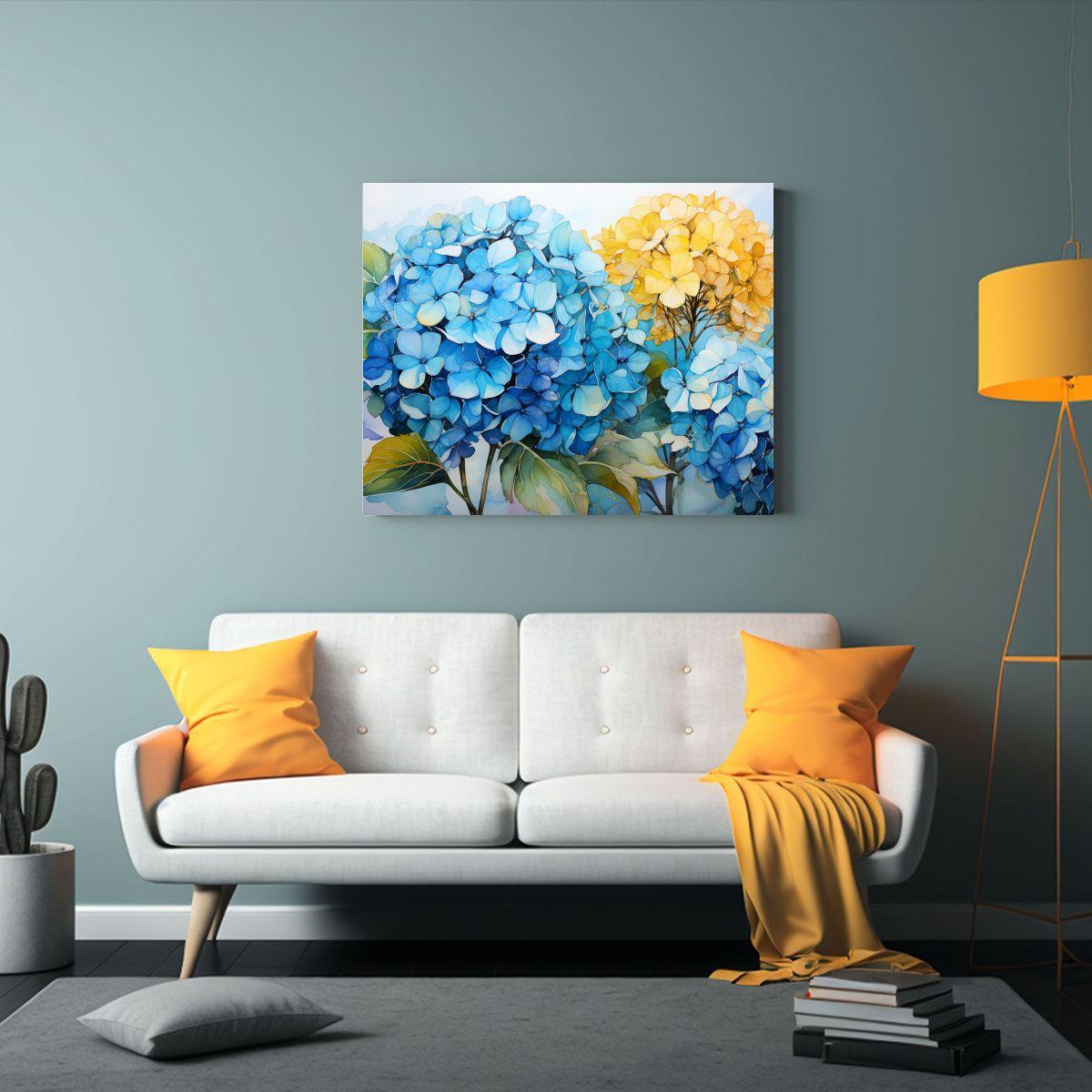 Cuadros Abstractos De Lienzo Con Hortensias Amarillas Y Turq 50x40cm-2