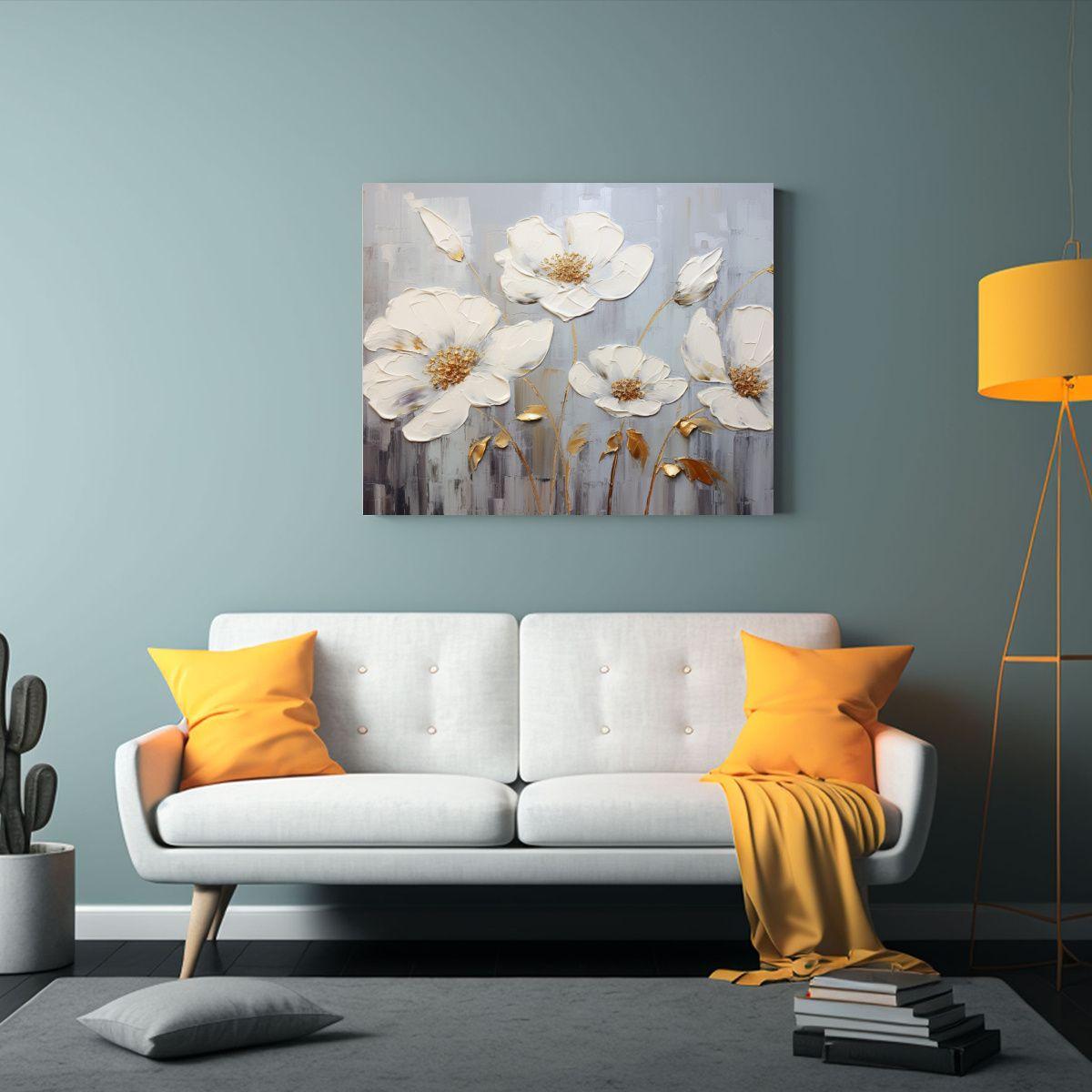 Pintura En Lienzo De Flores En Colores Plateados 30x20cm-2